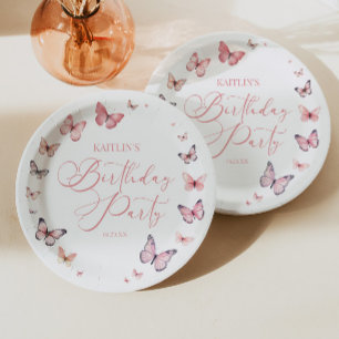 Assiettes En Carton Soft rose papillon fête d'anniversaire