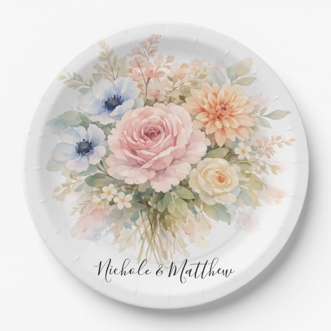 Assiettes En Carton Soft Watercolor Floral Wedding (Devant)