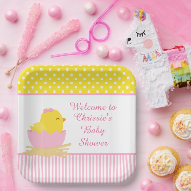 Assiettes En Carton Soirée Baby shower de poussins fille rose mignonne (Fête)