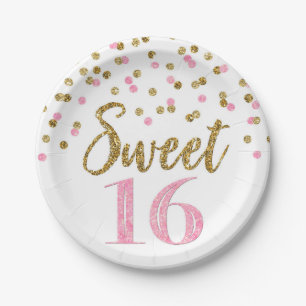 Assiettes En Carton Soirée Confetti Gold rose 16 Anniversaire