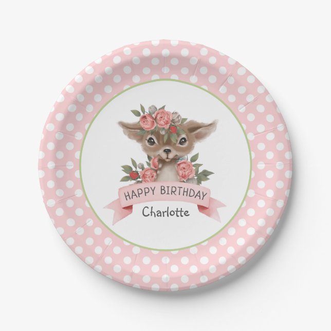 Assiettes En Carton Soirée d'anniversaire des cerfs de bois rose pour  (Devant)