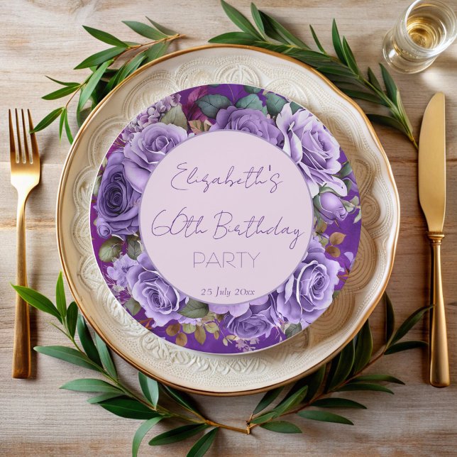 Assiettes En Carton Soirée d'anniversaire élégante violet roses monogr (Elegant purple vintage roses elegant birthday party monogrammed paper plates personalized decor)