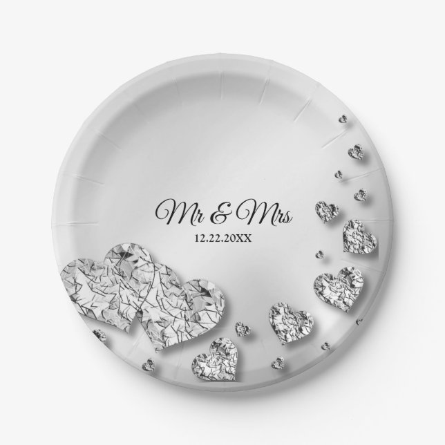 Assiettes En Carton Soirée de mariage Coeurs d'argent Grey Élégant (Devant)