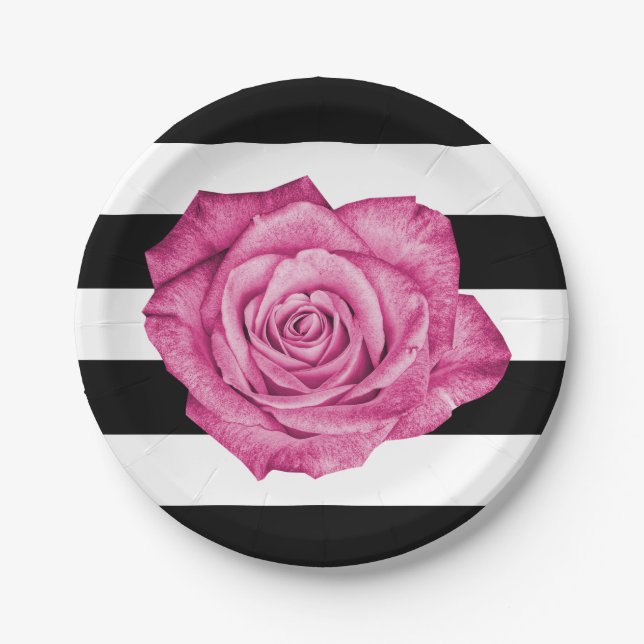 Assiettes En Carton Soirée de mariage moderne rose noir blanc rayé (Devant)