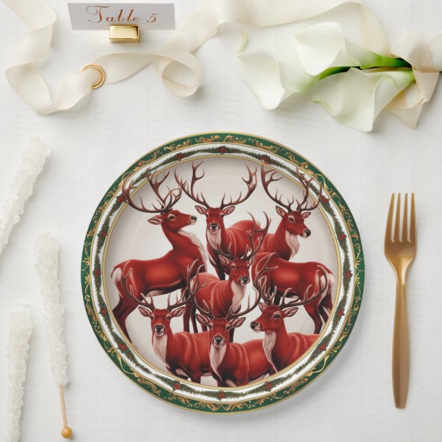 Assiettes En Carton Soirée de Noël Elegant Red Deer Moose Gold Snow (Mariage)