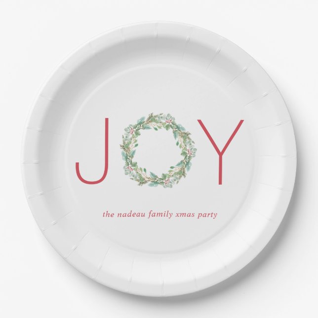 Assiettes En Carton Soirée de Noël Elegant Red et Green Joy Wreath (Devant)