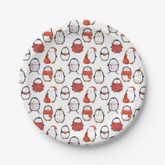 Assiettes En Carton Soirée de Noël Motif des Pingouins Festifs (Devant)