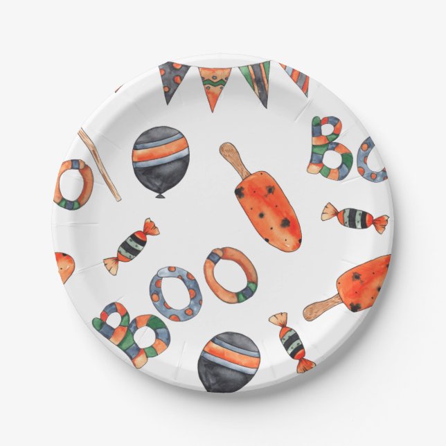 Assiettes En Carton Soirée d'Halloween à l'aquarelle (Devant)