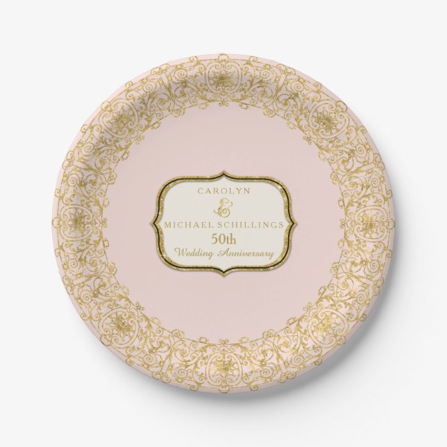 Assiettes En Carton Soirée d'or rose 50ème Mariage (Devant)