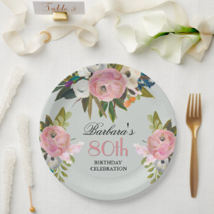 Assiettes En Carton Soirée élégante peinte à la main florale 80e anniv