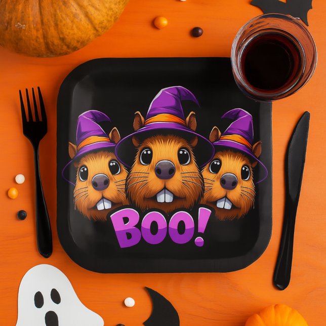 Assiettes En Carton Soirée halloween Black Cute tendance Capybara Boo  (Créateur téléchargé)