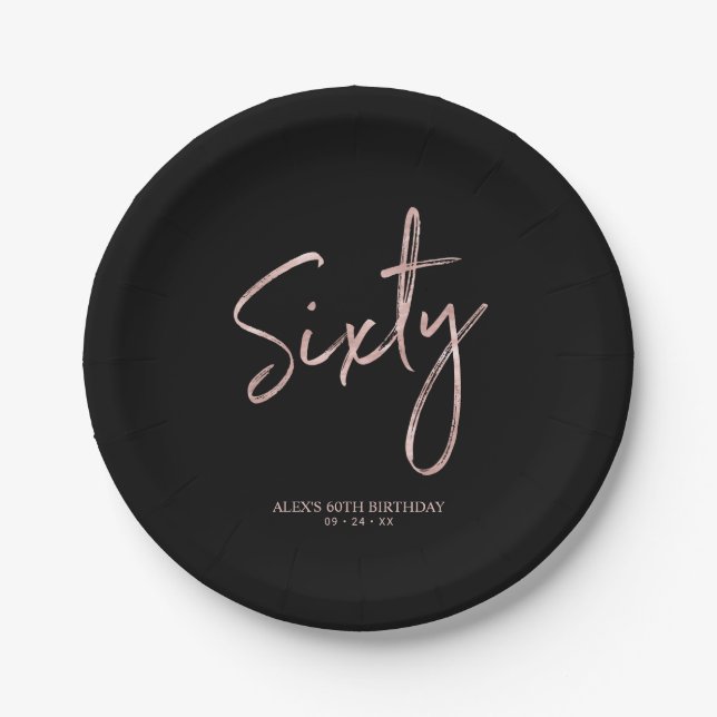 Assiettes En Carton Soixante Rose Gold & Black 60e anniversaire fête (Devant)
