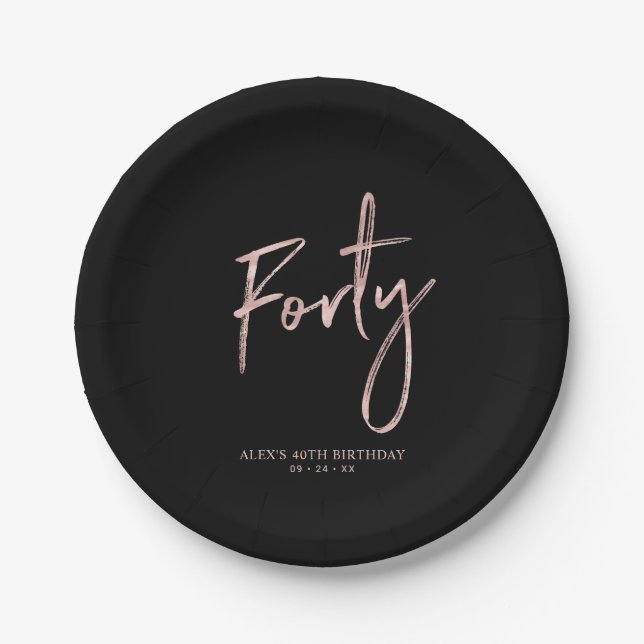 Assiettes En Carton Soixante Rose Gold & Black fête de 40e anniversair (Devant)