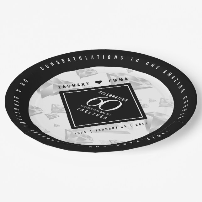Assiettes En Carton Soixantième Anniversaire de Mariage Diamant Élégan (Angle)