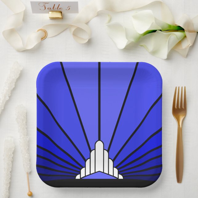 Assiettes En Carton Soleil Art déco en Plaque Papier bleu (Mariage)