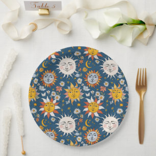 Assiettes En Carton Soleil et Lune Floral en Bleus et Jaunes