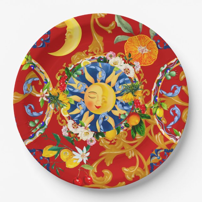 Assiettes En Carton soleil sicilien, demi lune, été, majolica, citron  (Devant)