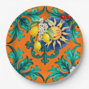 Assiettes En Carton soleil sicilien, été, citron, mosaïque, bleu,
