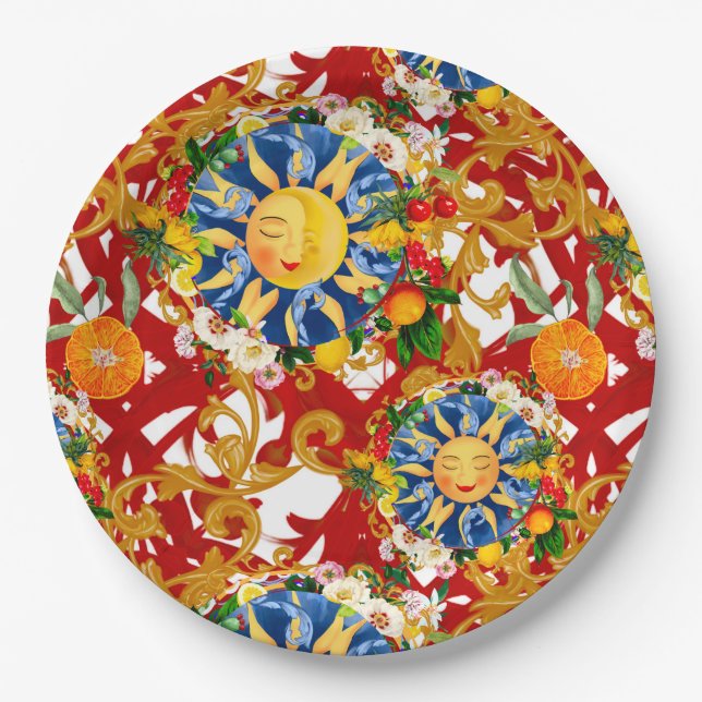 Assiettes En Carton soleil sicilien, moitié lune, été, majolica, citro (Devant)