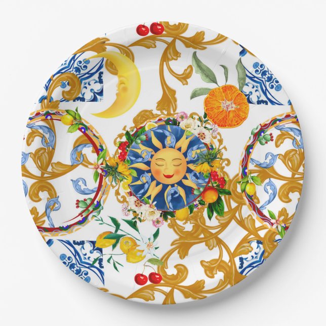 Assiettes En Carton soleil sicilien, moitié lune, été, majolica, citro (Devant)