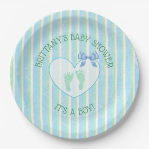 Assiettes En Carton Son un baby shower rayé de garçon, bleu et vert