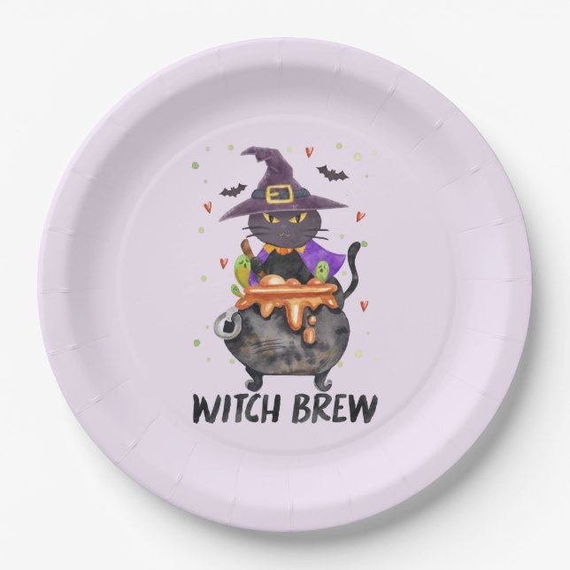 Assiettes En Carton Sorcière - Chat portant une sorcière (Devant)