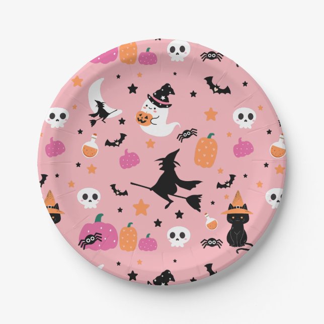 Assiettes En Carton Sorcière chauves-souris araignées fantôme Citrouil (Devant)