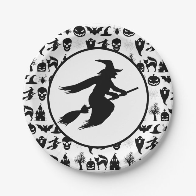 Assiettes En Carton Sorcière d'Halloween noir et blanc (Devant)