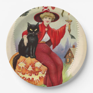 Assiettes En Carton Sorcière d'Halloween vintage et chat noir