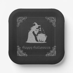 Assiettes En Carton Sorcière en argent et Halloween Cauldron