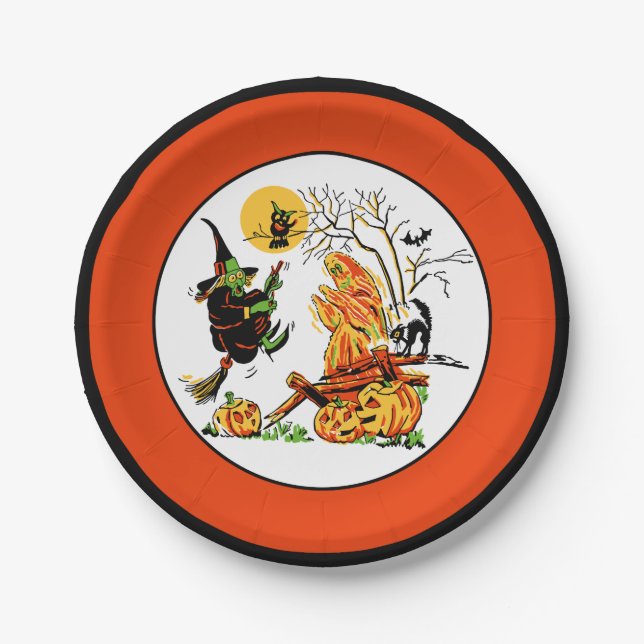 Assiettes En Carton Sorcière et fantôme d'Halloween vintage (Devant)