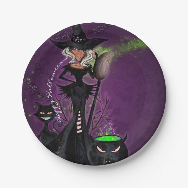 Assiettes En Carton Sorcière Glam de la fête d'Halloween en vert noir  (Devant)