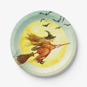 Assiettes En Carton Sorcière Halloween sur Broomstick