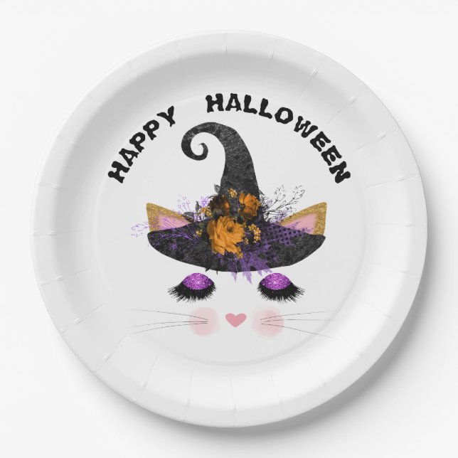 Assiettes En Carton Sorcière Kitty Face Halloween (Devant)