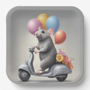 Assiettes En Carton Souris d'anniversaire sur un scooter