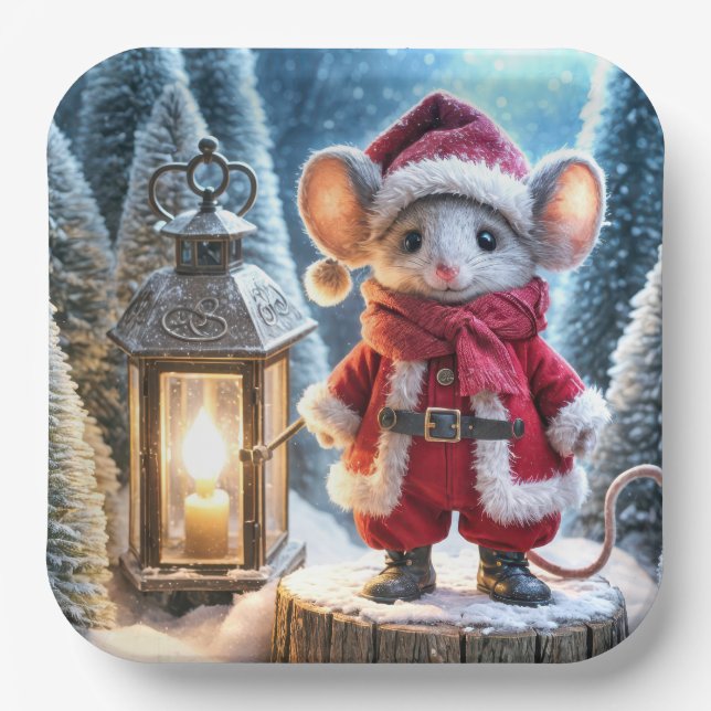 Assiettes En Carton Souris De Noël Avec Lanterne Lumineuse (Recto)