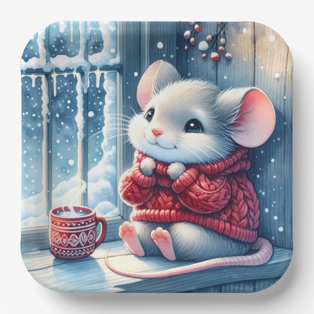 Assiettes En Carton Souris de Noël dans la fenêtre d'hiver (Recto)