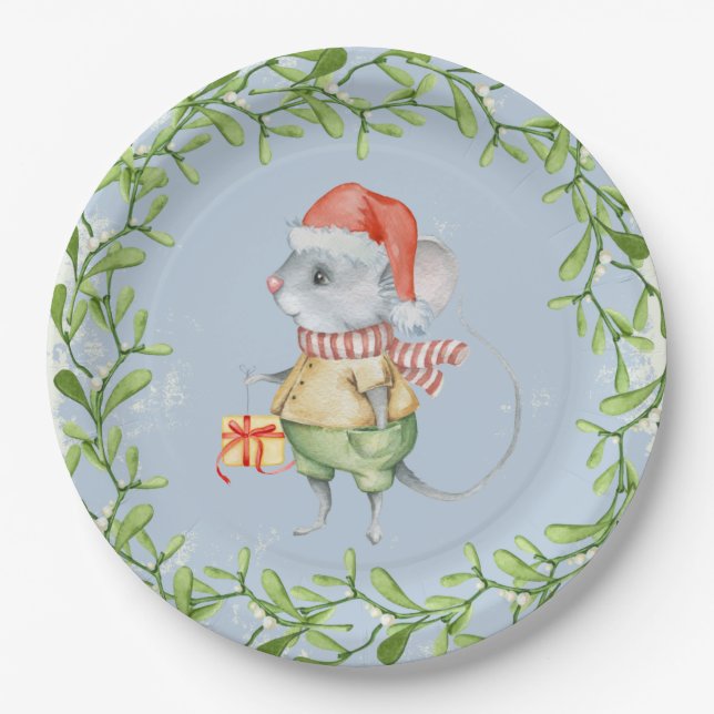 Assiettes En Carton Souris de Père Noël d'aquarelle avec le houx de (Devant)