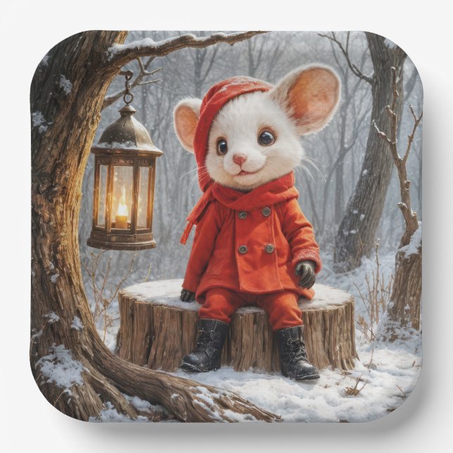 Assiettes En Carton Souris D'Hiver Avec Lanterne Forestière (Recto)