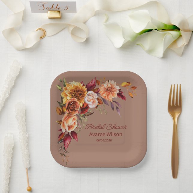 Assiettes En Carton Souris Mocha avec douche à fleurs d'automne (Mariage)