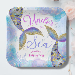 Assiettes En Carton Sous la Fête des sirènes de mer Papier Turquoise b