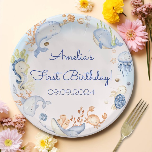 Assiettes En Carton Sous la mer Bleue Mer Vie 1er anniversaire fête (Créateur téléchargé)