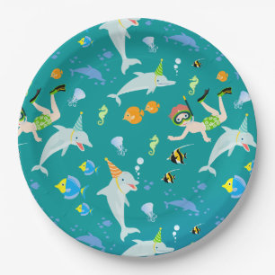 Assiettes En Carton Sous la mer dauphins et fête d'anniversaire garçon