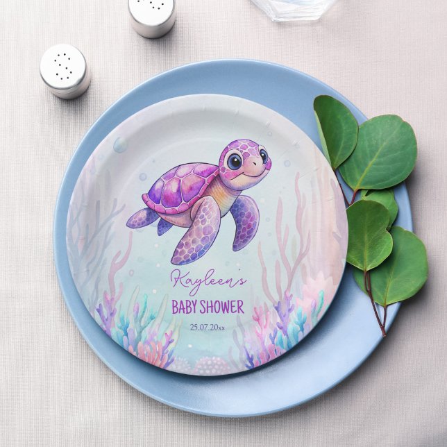 Assiettes En Carton Sous la mer mignonne tortue baby shower rose pourp (Under the sea cute turtle purple pink girls baby shower personalized paper plates table decor)