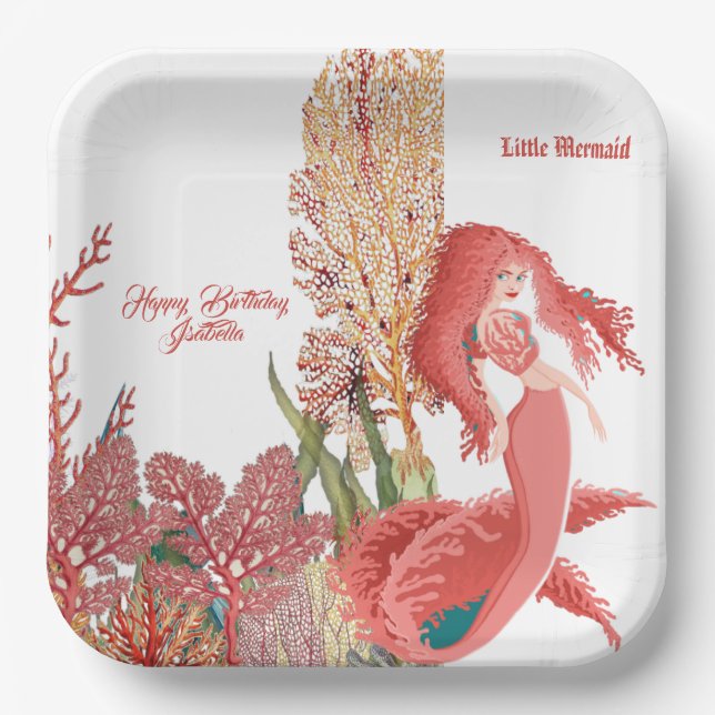 Assiettes En Carton Sous la mer Rouge Sirène Corail Salutation d'anniv (Recto)