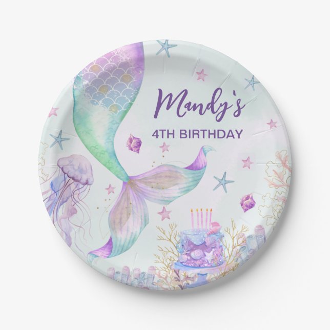 Assiettes En Carton Sous la mer violet Turquoise petite sirène (Devant)