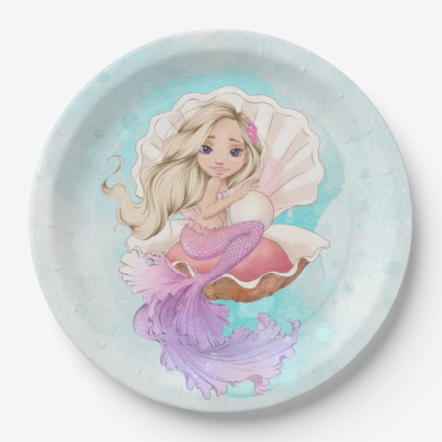 Assiettes En Carton Sous la sirène de mer (Blonde) en coquille d'huîtr (Devant)