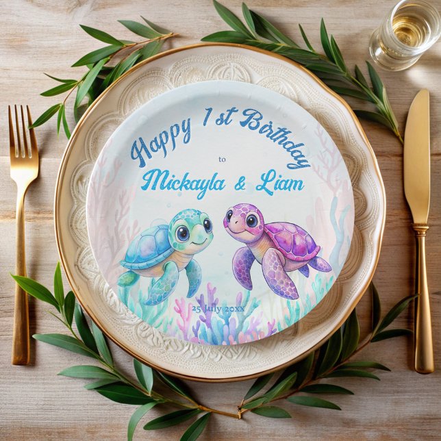 Assiettes En Carton Sous la tortue de mer aqua bleu jumeaux anniversai (Under the sea turtle aqua blue purple pink twins birthday party personalized printed paper plates )