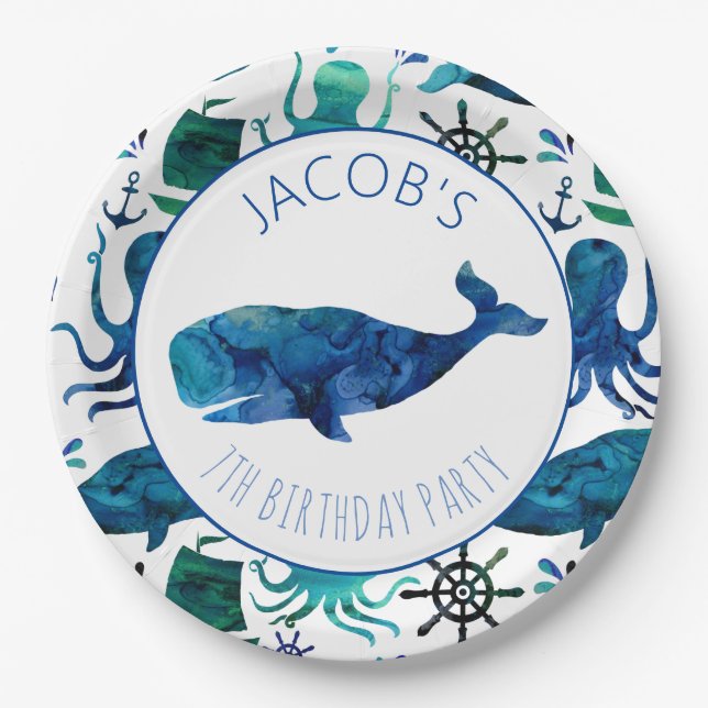 Assiettes En Carton Sous l'anniversaire de baleine d'océan d'aquarelle (Devant)
