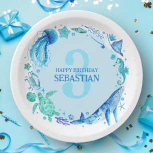 Assiettes En Carton Sous l'aquarelle de mer bleu 3e anniversaire